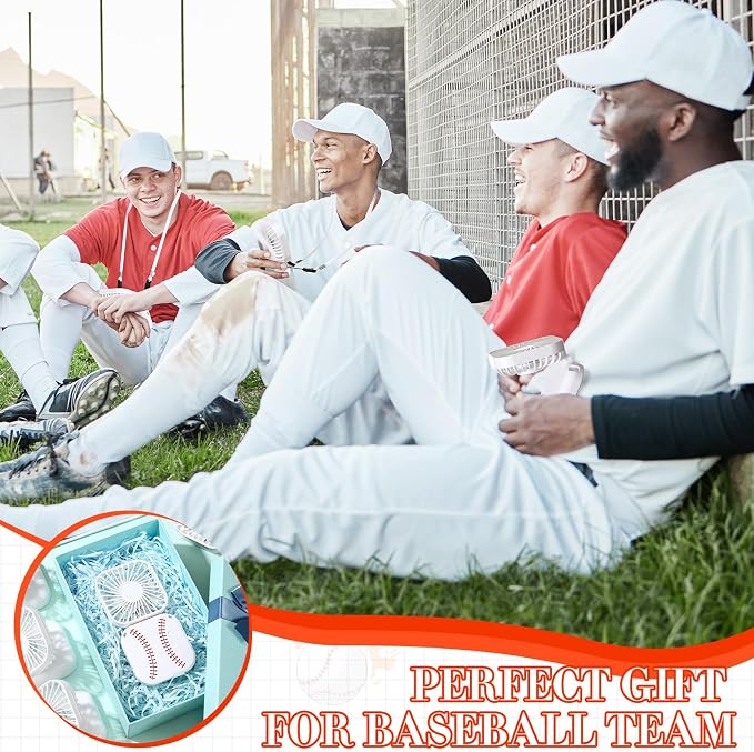 Retisee 12 Pcs Baseball Mini Portable Handheld Fans 3 Speed USB Rechargeable Necklace Fans Bulk 180° Foldable Electric Personal for Sport Party Favors Team Game Gift (White,Baseball)
