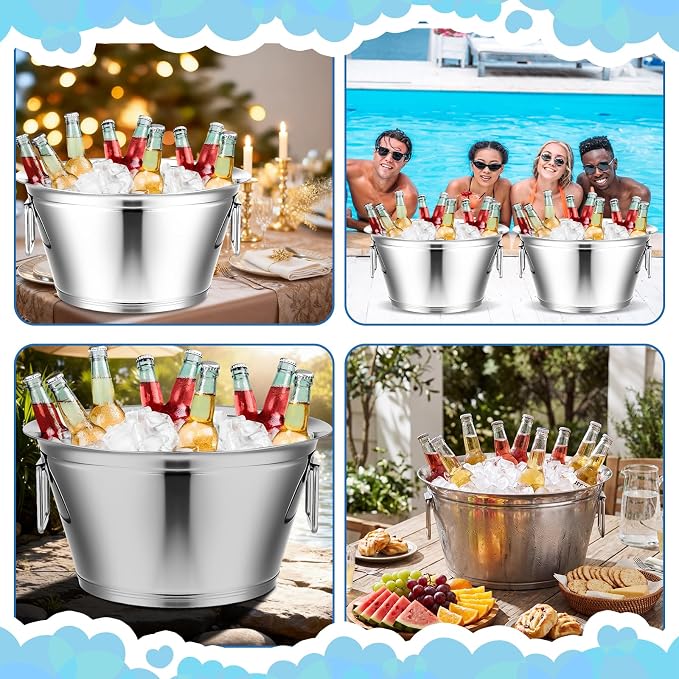 Maxdot 2 Pcs Stainless Steel Beverage Tub Large Champagne Buckets 20-Quart 5-Gallon Insulated Ice Bucket for Parties with Double Hinged Handle Heavy Duty Drink Cooler Tub Wine Beer Chiller for Party