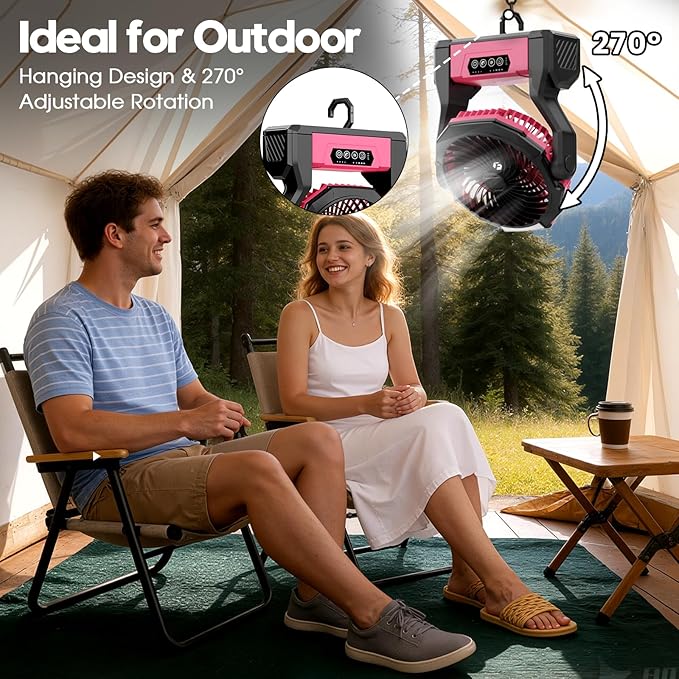 XZK 24000mAh Rechargeable Camping Fan, 64H Runtime Battery Powered Portable Travel Fan with LED Light, Tent Fans for Indoor,Outdoor,Fishing,Jobsite & Hurricane Emergency,Gifts for Men Dad Him,Pink