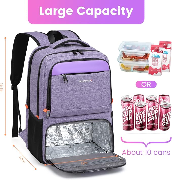 RUCYEN Lunch Backpack, Insulated Cooler Backpack Lunch Box for Women, 15.6 Inch RFID Blocking Laptop Backpack with USB Port, for Work Travel Picnics Hiking Purple