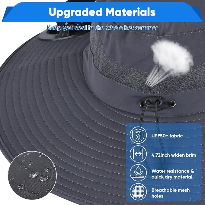 Wide Brim Sun Hat with Solar Fan, Solar Powered Fan Hat with Mosquito Head Net, Men & Women Cooling Cap for Outdoor