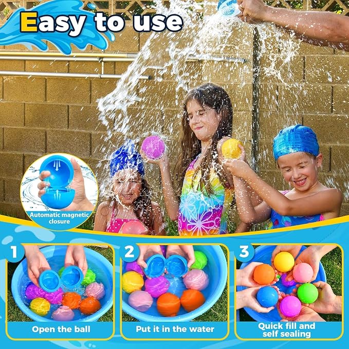 12PCS Reusable Water Balloons - Quick Fill Water Balls Toys For Toddler Age 4-8 - Refillable Self-Sealing Water Splash Bomb For Summer Party Pool Outdoor Beach Toys for kids Age 8-12