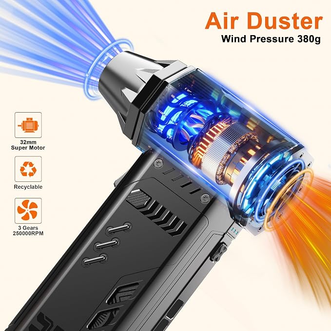Air Duster - 250,000RPM Compressed Air Duster, Replaceable Batteries 2pcs,Long Life-mini Blower, 3-Gear Adjustable- Electeic Air Duster for Keyboard,PCs,Leaves,Car Cleaning (X301MAX)