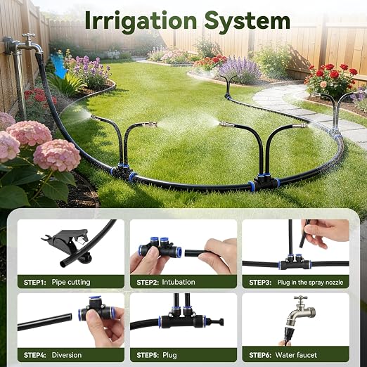 100Ft 1/2" Tubing High-Flow Drip Irrigation System, 360° Adjustable Garden Watering System with 60 Nozzles, Dual-Side Watering Kit for Raised Beds, Greenhouses & Efficient Plant Irrigation