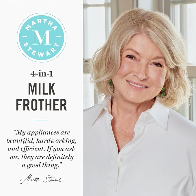 Martha Stewart Milk Frother and Steamer, 10oz/300ml Glass Cup, 4 Presets (Cold Foam, Light, Dense & Hot Chocolate), Ready in 90 Seconds, Cordless Pouring, One-Touch for Hot and Cold Milk, Honeydew