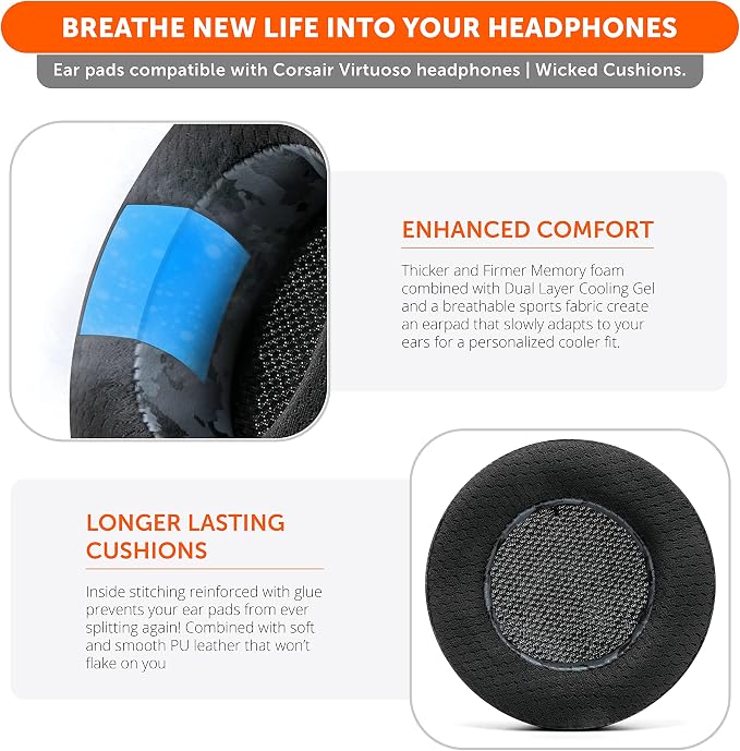 WC Freeze Virtuoso - Hybrid Fabric Cooling Gel Replacement Earpads for Corsair Virtuoso Gaming Headset, Made by Wicked Cushions, Improved Durability, Thickness and Sound Isolation | Black Camo