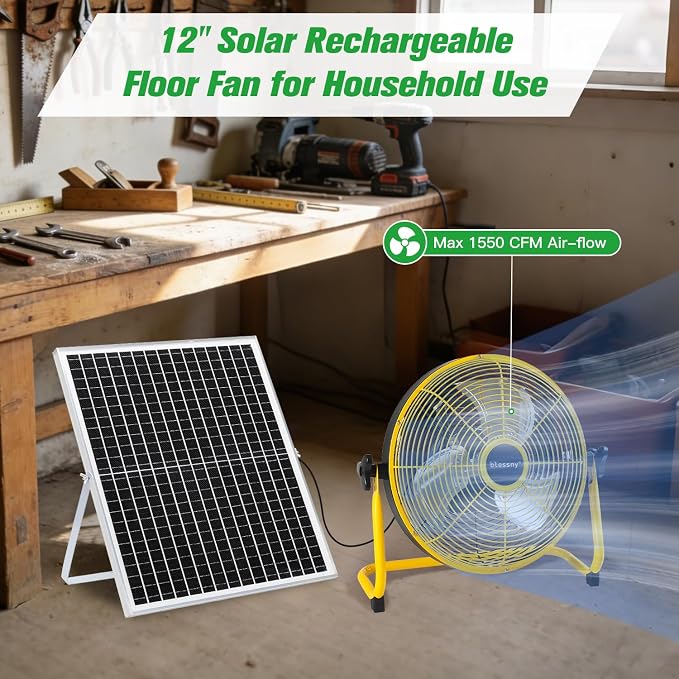 blessny 12" Solar Rechargeable Floor Fan with 35W Solar Panel for Home Outdoor Camping Gazebo Greenhouse Barn Poultry Pet House Cooling or Air Circulation, 23 Ft Long Cord