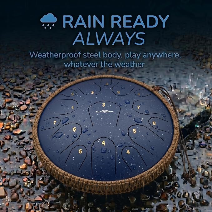 Balmy Drum Steel Tongue Drum 14 inch 15 Notes 440Hz, Handpan Drum with Music Book, Mallets, Carry Bag, Finger Picks, Rain Drum for Outdoor, Meditation Yoga Calming Instruments for Adults Kids (Blue)