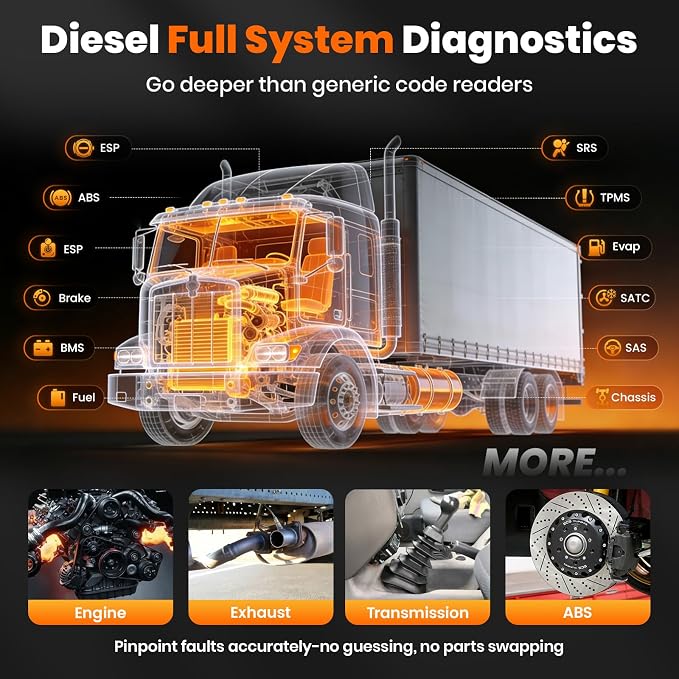 ANCEL Heavy Duty Truck Scanner HD601 All System Diesel Diagnostic Scan Tool fits for Cummins, Detroit, Freightliner, International, Paccar, Check Engine for Truck & Car 2 in 1 Code Reader