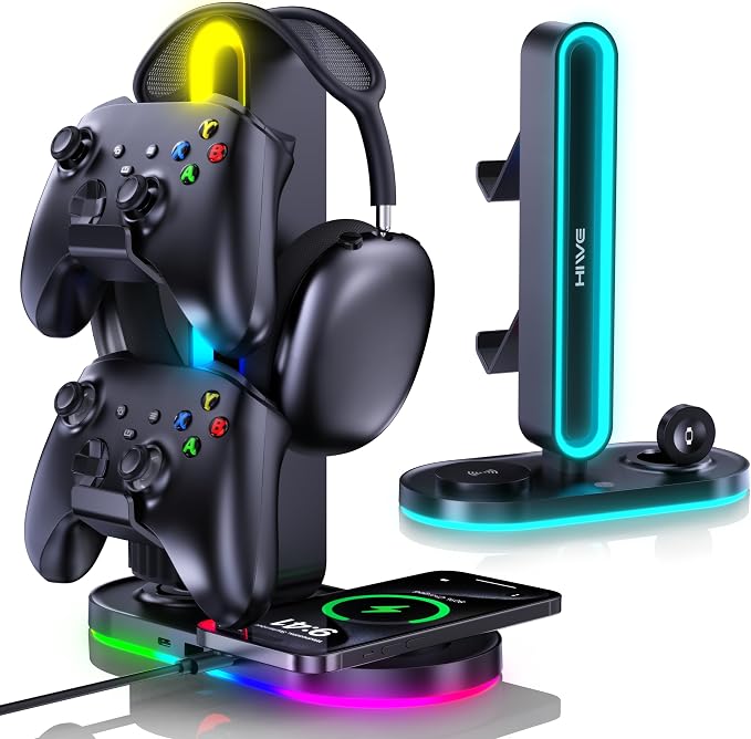 HiWe 4-in-1 RGB Gaming Headphone Stand with Dual Controller Holder, Wireless Charger for iPhone/Apple Watch, USB-A & USB-C Outputs, Adapter Included, Black