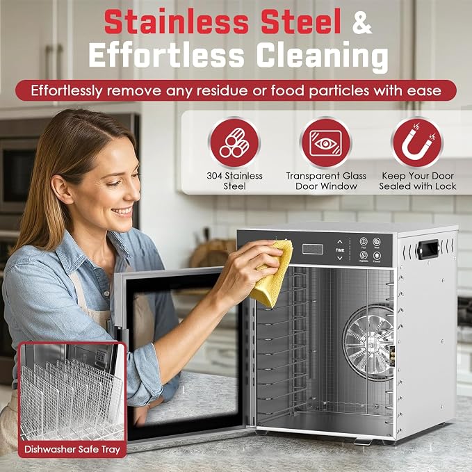 HOPERAN Food Dehydrator Stainless Steel - 400W Electric Dehydrator Machine with 4 Presets, Adjustable Timer, Temperature Control, Digital Food Dryer for Herb, Dog Treats,Meats & Veggies (10 Trays)
