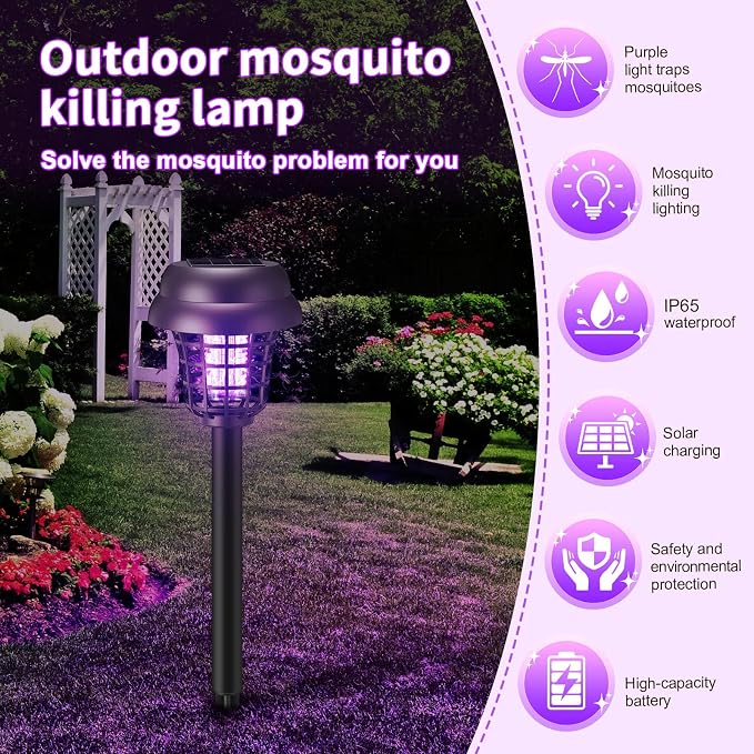 4 Pcs Solar Bug Zapper Outdoor Waterproof Mosquito Repellent Light Solar Power Fly Killer Lamps for Moths, Gnats, Fly, Small Flying Insect Backyard Garden Lawn (Plastic,Purple & Sunlight)