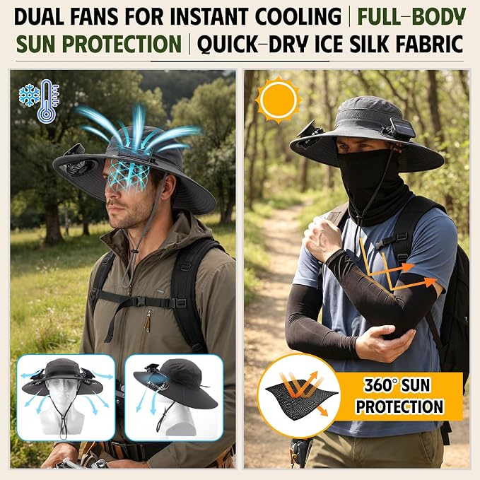 Syhood Solar Powered Fan Hat Neck Gaiter Arm Sleeves Sun Bucket Hat with Fan Cooling Wide Brim Hats for Fishing Hiking