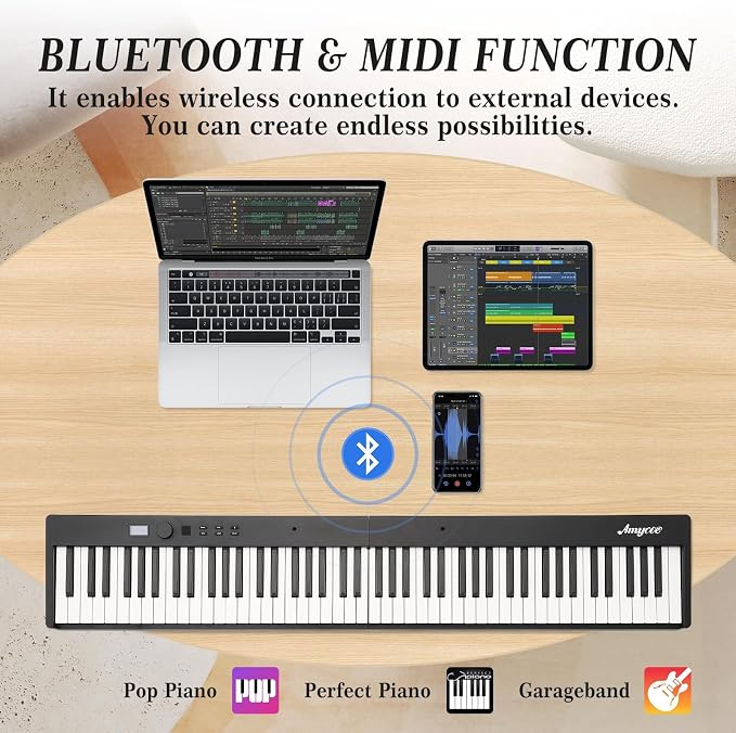 GarveeLife 88 Key Folding Piano Keyboard - Full Size Semi Weighted Portable Digital Piano with Bluetooth, Headphones,Sustain Pedal & Bag,88-Key Keyboard Piano for Beginner