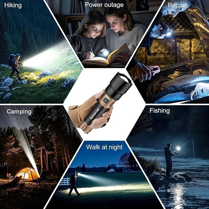 SKYFIRE LED Flashlights High Lumens with Ignition Lens,3000lm Super Bright Rechargeable Flashlight,Zoomable,4 Modes,Waterproof Tactical Flash Light for Camping Essentials,Outdoor and Home,Gift