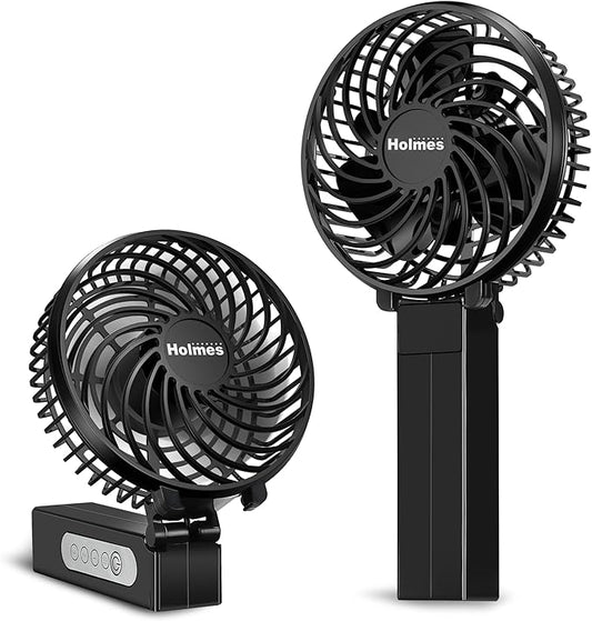 HOLMES 4" Portable, Handheld, Personal or Desk Fan, 3 Speeds, Rechargeable battery, USB-C Charging Cable, 180° Adjustable Head, Lightweight, Compact, Ideal for On-The-Go Use or Home and Office, Black