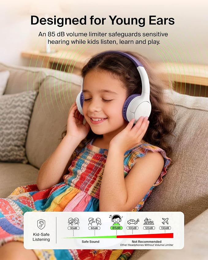 Belkin SoundForm Mini 2 Wireless Kids Bluetooth Headphones - On-Ear Earphones w/ 55H Battery Life, 85dB Safe Volume Limit, Built-in Microphone - Toddler Headphones for iPad, Tablet, School, Travel