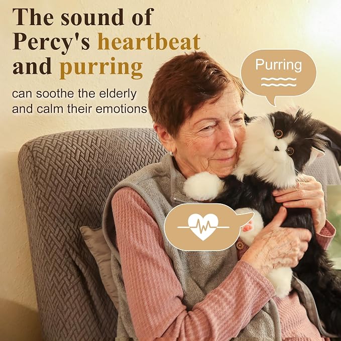 Interactive Companion Robot Cat Pets, Black Cat Stuffed Animals with Small Scarf, Emotional Support Plush with Voice Response, Realistic Heartbeat, Purring Sounds, Volume Control, Rechargeable