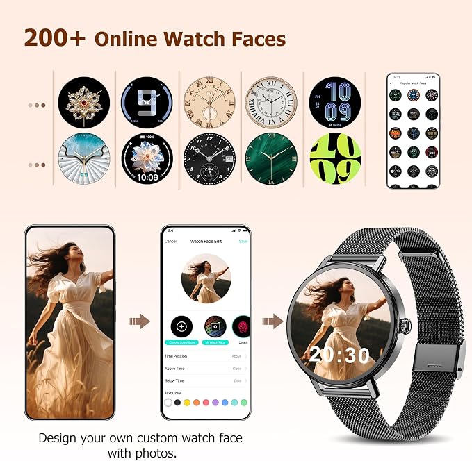Smart Watches for Women Android / iPhone, 1.26" AMOLED Fitness Tracker with Bluetooth Calls, 8 Days Battery Life/Heart Rate Monitor/100+Sports Model, IP68 Waterproof Women's Smartwatches(2 Bands)