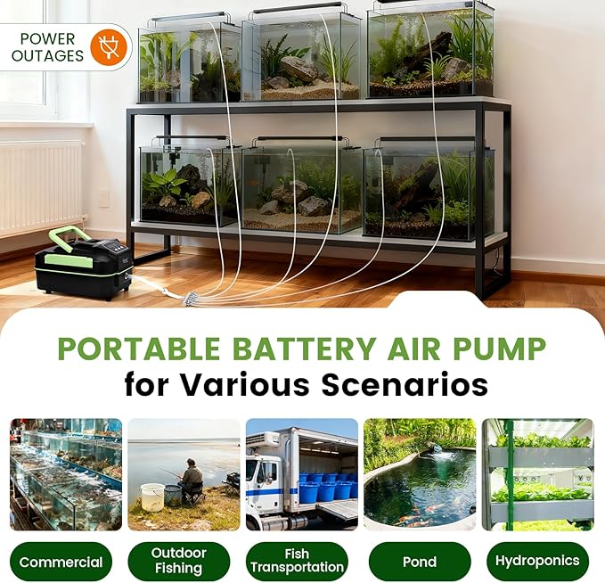 hygger Powerful Rechargeable Aquarium Air Pump, Adjustable Battery-Powered Oxygen Aerator for Fish Tank Emergency, Commercial Use, Live Well, Koi Pond & Power Outages