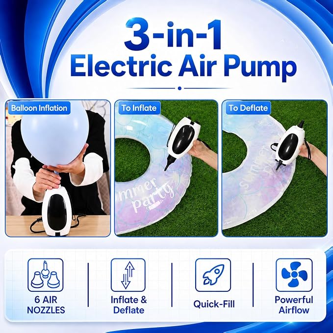 Togvu Electric Balloon Pump, 3-in-1 Portable Air Pump for Inflatables and Balloons, Dual Nozzle Balloon Blower Machine for Latex 260q Foil Balloons 110V Inflator Deflator for Pool Floats Air Mattress