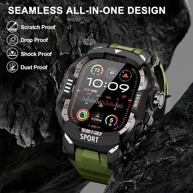 DABAOZA Rugged Case with Band Screen Protector Compatible with Apple Watch 49mm, for iWatch Ultra 3/2/1,Military Grade Shockproof Bumper and Men's Tactical Heavy Duty Strap(Army Green,49MM)