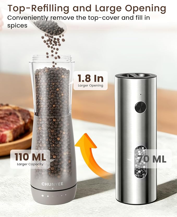 Electric Salt and Pepper Grinder Set - Automatic Stainless Steel Rechargeable Salt and Pepper Grinder Set with Storage Base, Large Capacity, LED Light & Adjustable Coarseness, Ideal Kitchen Gadget