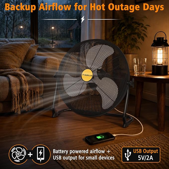 T-SUNiceM 16" Portable Battery Operated Solar Fan for Outdoor Indoor | 15600mAh Rechargeable Battery,25W Motor with Aluminum Blades,3.5H Fast Charging,360° Tilt Design,USB Type-C Output
