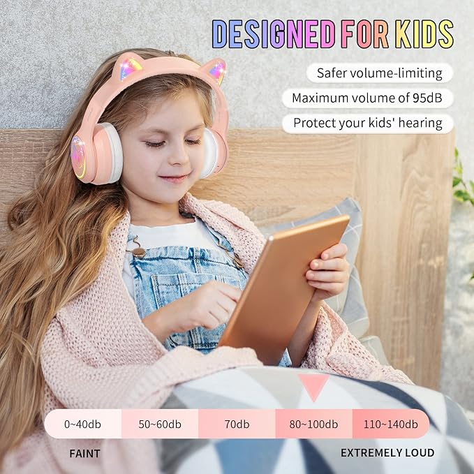 IFECCO Wireless Kids Headphones with Microphone,Foldable Cute Light Up Cat Ear Children Girls Bluetooth Headphones with Case for School Gifts Travel