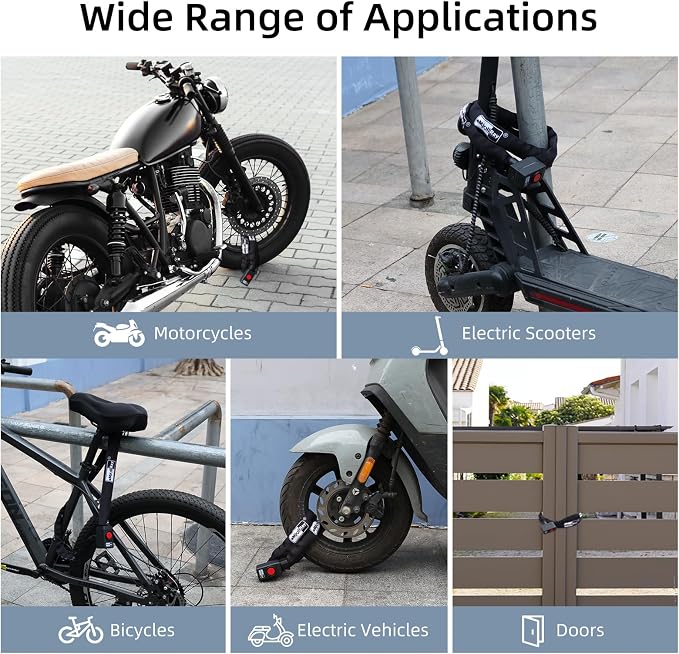 Bike Chain Lock with Alarm E Scooter Lock Anti-Theft Alarm 110dB 4ft Security Heavy Duty with USB C Cable and 3 Keys for Bike/E Scooter/Motorcycle