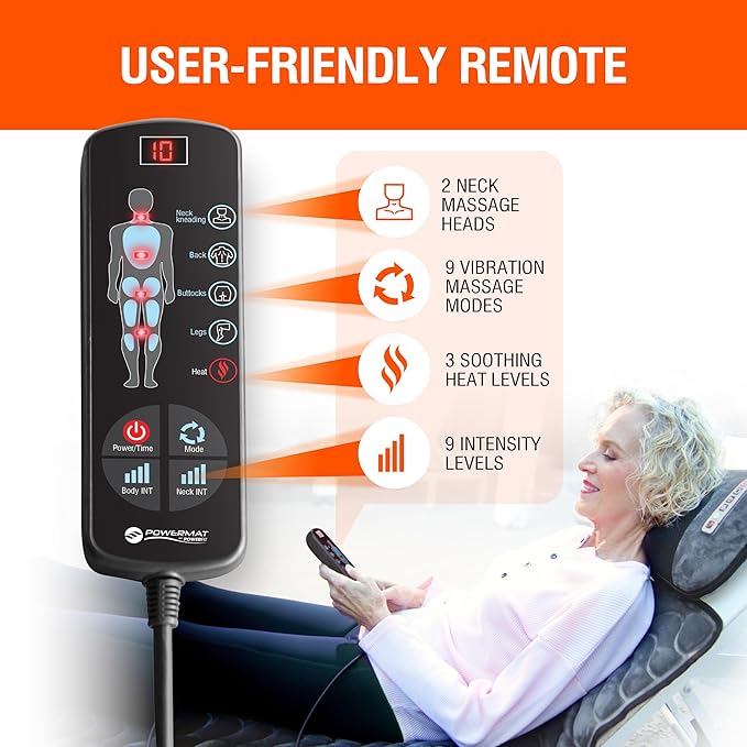 Powermat Full Body Massage Mat with Heat - Shiatsu Back Massager Pad for Bed, Chair & Recliner - Electric Vibrating Heating Pad - Whole Body Massager Mat for Pain Relief - Massage Mattress by Powerfit