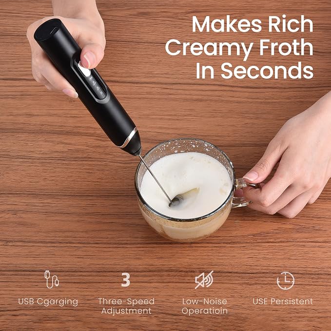 Handheld Milk Frother with Travel Case - Portable USB Rechargeable Mini Whisk for Coffee, Latte. Includes 3 whisks, storage, perfect for frothing milk, beating eggs, and blending drinks.