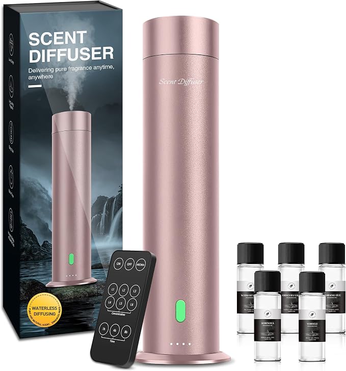 Waterless Scent Diffuser Starter Kit - 1000 Sq Ft Coverage, Hotel Scent Diffuser, Essential Oil Diffuser for Home & Large Room, Included 5 Scent Oils, Remote Control, Rosepink, 11In