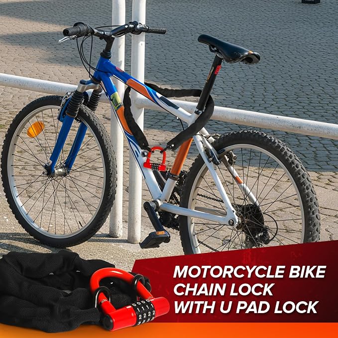 Bike Chain Lock Combination, 4 Digit Mini U Lock Anti-Theft Bicycle Lock Combo, 3.3FT x 8mm Security Steel Chain Locks for Electric Bike, Scooter, Motorcycle ﻿