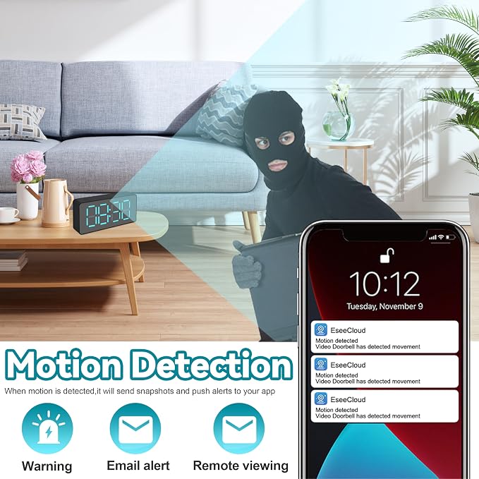 1080P HD WiFi Clock Hidden Camera, Indoor Security Camera with Night Vision, 24-Hour Digital Display, App Remote Viewing, SD Card Storage, No Audio Recording