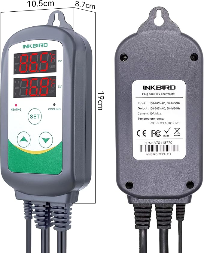 Inkbird ITC-308 Digital Temperature Controller 2-Stage Outlet Thermostat Heating and Cooling Mode Carboy Homebrew Fermenter Greenhouse Terrarium 110V 10A 1100W