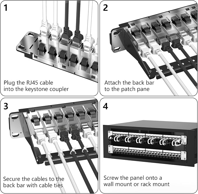 Jadaol [UL Listed] 24-Port Shielded Cat6A Patch Panel, 19” 1U Rackmount/Wall Mount Feed-Through RJ45 Panel with 24 Preloaded Shielded Keystone Couplers + 1 Spare, Up to 10Gbps, Cable Management Bar