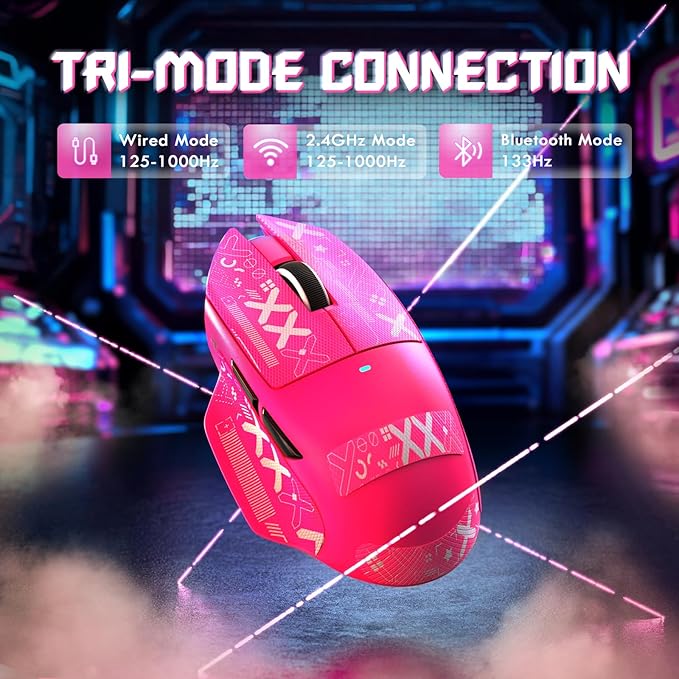 MAMBASNAKE×Attack Shark V6 65g Lightweight RGB Gaming Mouse with Magnetic Charging Dock, BT/2.4G Wireless/Wired 1K Polling Rate, 25K DPI, Programmable Mice for PC/Mac/Laptop(Berry&Stickers)