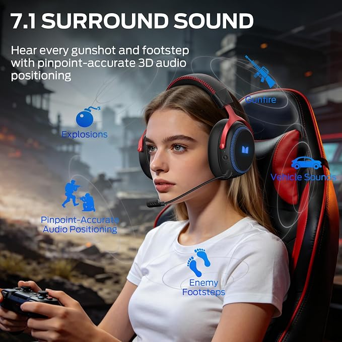 Monster Mission 350 Wireless Gaming Headset for PC, Ps4, Ps5, Xbox Headset with Virtual 7.1 Surround Sound Gaming Headphones, RGB Lights Over Ear Headphones for Switch, Xbox Series X/S, Laptop, Mobile