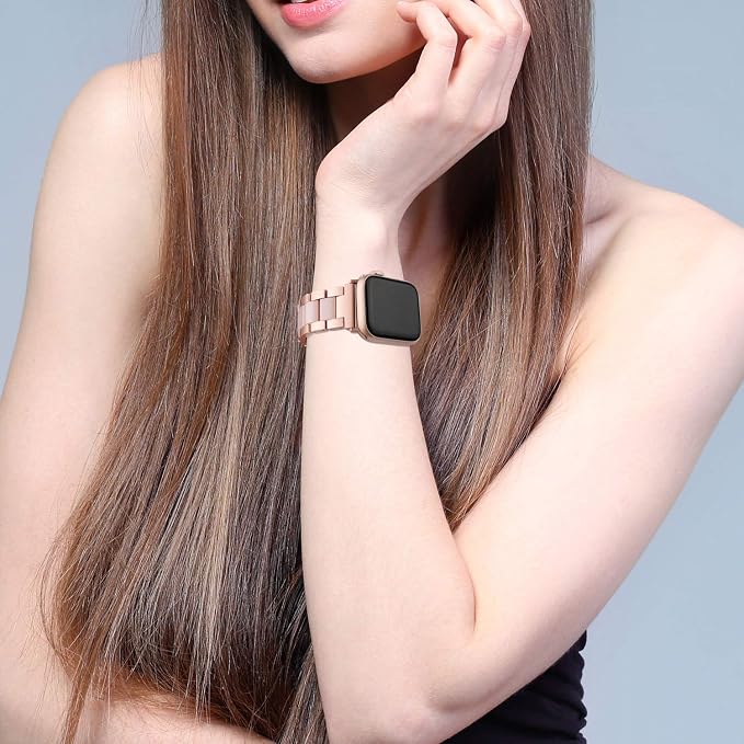 Wearlizer Compatible with Apple Watch Bands 38/40/41/42mm Women Wristband Stainless Steel & Pink Resin Stylish Metal Sleek Bracelet for iWatch Series 11 10 9 8 7 6 5 4 3 SE/Ultra 3 2 1