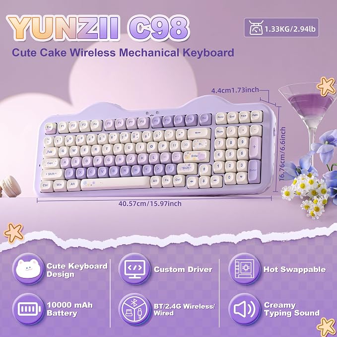 YUNZII C98 Wireless Mechanical Keyboard with Number Pad,99 Key BT5.0/2.4G/USB-C Hot Swap Gasket Mount with PBT MOA Keycaps,Custom RGB,Cute Cake Keyboard for Win/Mac (Purple, Candy Linear Switch)