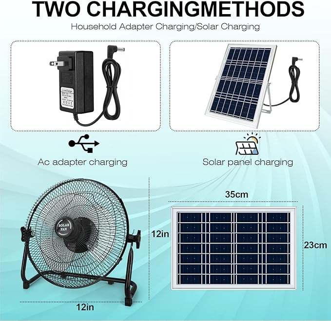 DBF 14" Solar Powered Fan Battery Operated, 15000mAh Outdoor Floor Fan Cordless with 20W Solar Panel, 18 Stepless Speeds, 120° Tilt, Portable High Velocity Fans For Outside, Home, Greenhouse, Camping