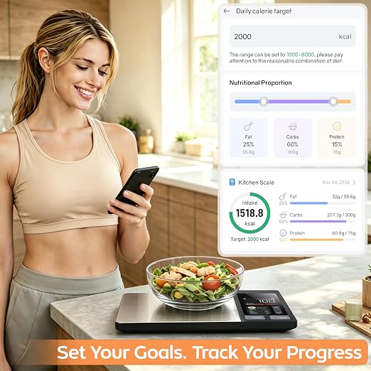 Smart Food Scale with App & TFT Display – Digital Food Scale for Calorie & Macro Tracking, 50 Built-in Foods, 23 Nutrients Analysis for Weight Loss & Meal Prep, Gray Silver
