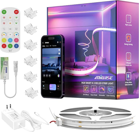 MIWISE LED Strip Lights,RGB Smart IC COB LED Strip Light Color Chasing,32.8ft Multicolor Flexible LED Tape Light,Music Sync with APP Control,Addressable DIY,for Cabinet,Bedroom,Party Decor