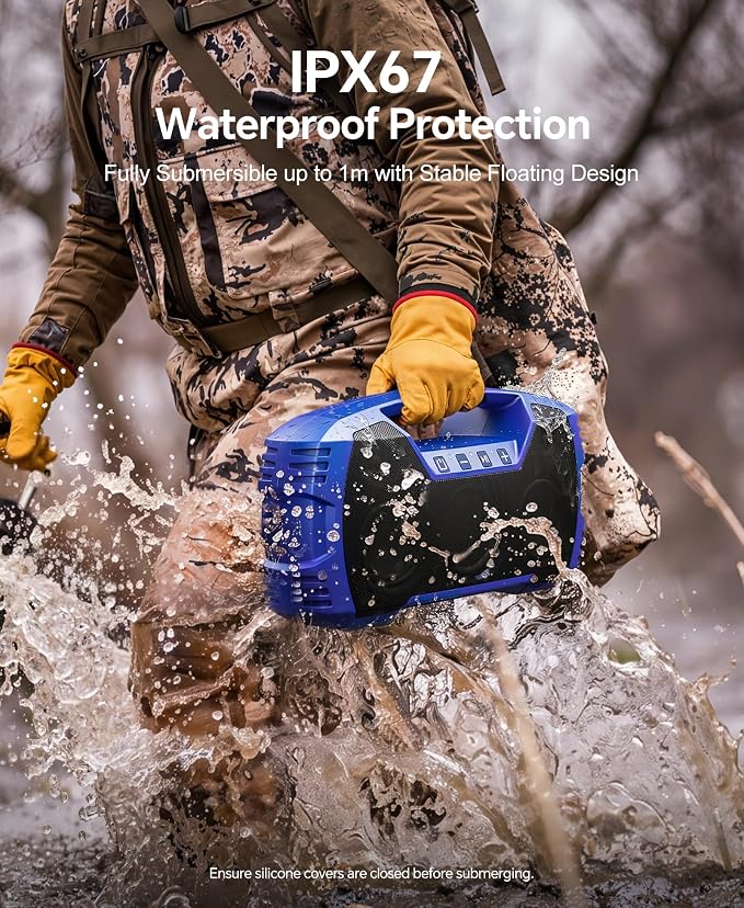 IPX7 Waterproof Outdoor Bluetooth Speaker, Wireless, 90W(Peak), 32H Playtime, Floating Design, Deep Bass & Loud Stereo Sound, Portable with Handle, Rugged for Pool, Beach, Kayaking, Hiking, Blue