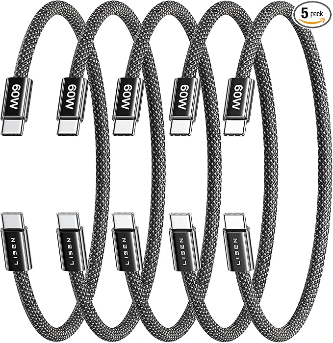 LISEN USB C Cable, 5-Pack [0.5FT] USBC to USBC Cable for iPhone 17 16e 15 Pro Max Charger Cord, 60W C to C Cable Fast Charging for Galaxy S25/S24/23, Switch 2, iPad, MacBook,Black