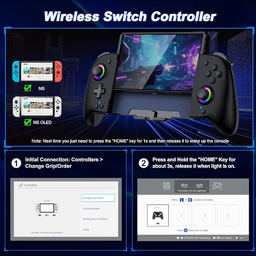 Gammeefy Switch Controller – Hall Effect Joysticks & Enhanced Grip – One Piece Switch Joypad Replacement Switch Pro Controller with 8-Color RGB Lighting, Turbo, Macros - Black, 6.2"/7"