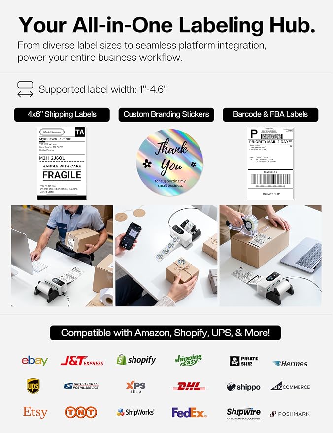 Phomemo 4x6 Shipping Label Printer with Touch Screen, Wireless Bluetooth Thermal Printer for Small Business & Packages, Compatible with Amazon Shopify UPS USPS, Support Android iOS Windows Mac