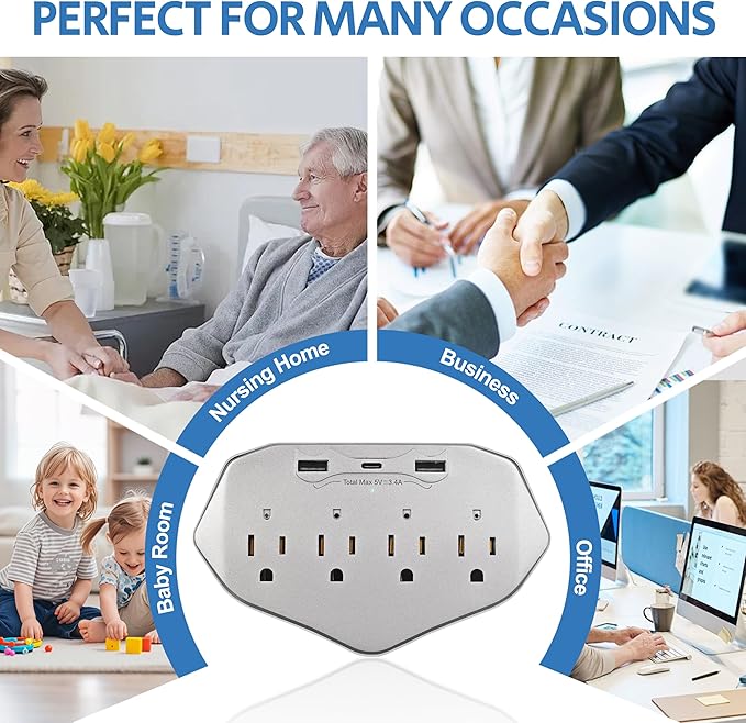 1080P WiFi Wall Outlet Camera with 45W Fast Charging, 4 AC Outlets, USB-C & USB-A Charging Ports, Remote Viewing Security Camera with Loop Recording, No Night Vision
