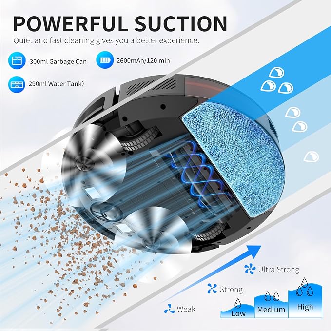 JEBRO 2 in 1 Robot Vacuum and Mop Combo, 3500 Pa Suction, 120 Min Runtime, 2.9" Slim, App/Voice/Remote Control, Self-Charging for Pet Hair, Hard Floor, Carpet